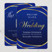 エレガント ロイヤルブルー ゴールドレース QRコード ウェディング 招待状 (正面/裏面)