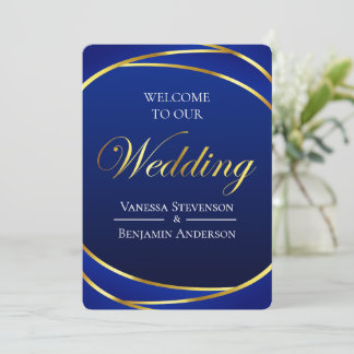 エレガント ロイヤルブルー ゴールドレース QRコード ウェディング 招待状