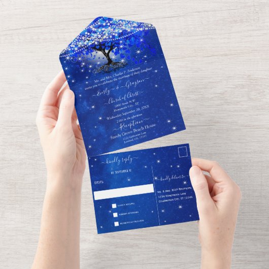 エレガント ロイヤルブルー ハートリーフ ツリー ウェディング オールイン オールインワン招待状 (貼ってはがせる)