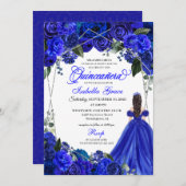エレガント ロイヤルブルー フラワー クイーンズアネラ 誕生日 招待状 (正面/裏面)