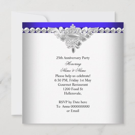 エレガント ロイヤルブルー ホワイト 25周年 結婚記念日 招待状 (裏面)