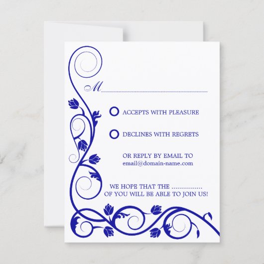 エレガント ロイヤルブルー 白の渦巻き RSVP / 返信カード (裏面)