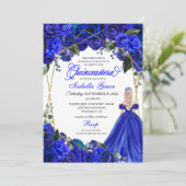エレガント ロイヤルブルー 花の キンセアニエラ 誕生日 招待状 (スタンド正面)