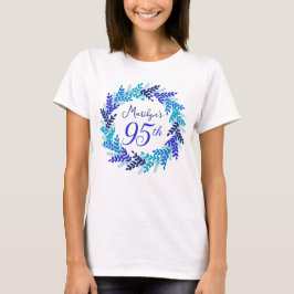 エレガント ロイヤルブルー 花輪 モノグラム 95歳 誕生日 Tシャツ