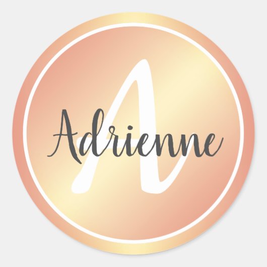 エレガント ロゼ ゴールド パステル ピンク イエロー モノグラム 名前 ラウンドシール (正面)