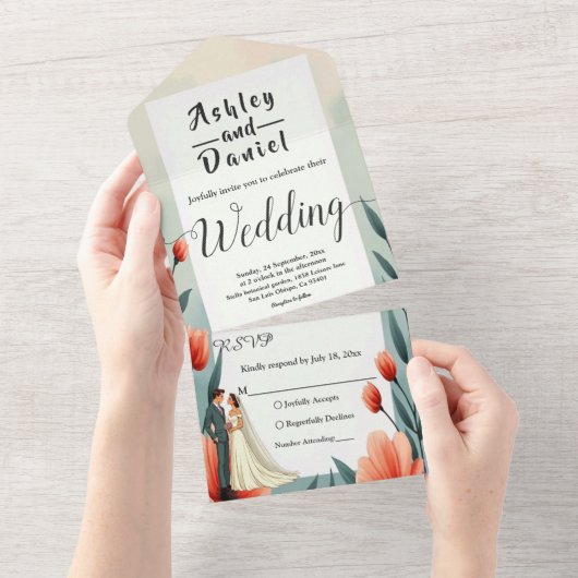 エレガント ロマンチック ブライド アンド グルーム フラワー ウェディング オールインワン招待状 (貼ってはがせる)