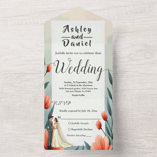 エレガント ロマンチック ブライド アンド グルーム フラワー ウェディング オールインワン招待状 (内側)