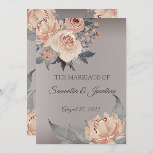 エレガント ロマンティック シルバー ピンク フローラル ウェディング インビテ 招待状 (正面/裏面)