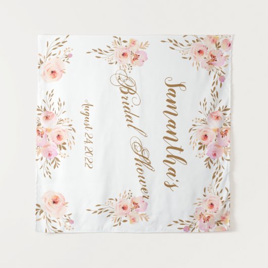 エレガント ロマンティック ピンクゴールド フローラル ブライダルシャワー タペストリー (正面(横))