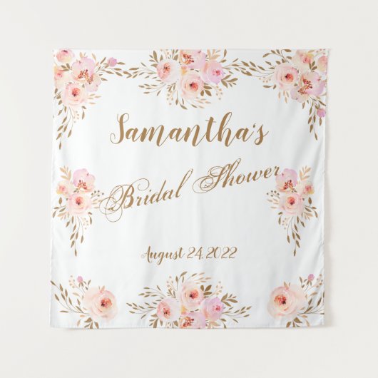 エレガント ロマンティック ピンクゴールド フローラル ブライダルシャワー タペストリー (正面)