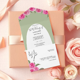 エレガント ロマンティック ピンク グリーン 水彩 薔薇 オールインワン招待状