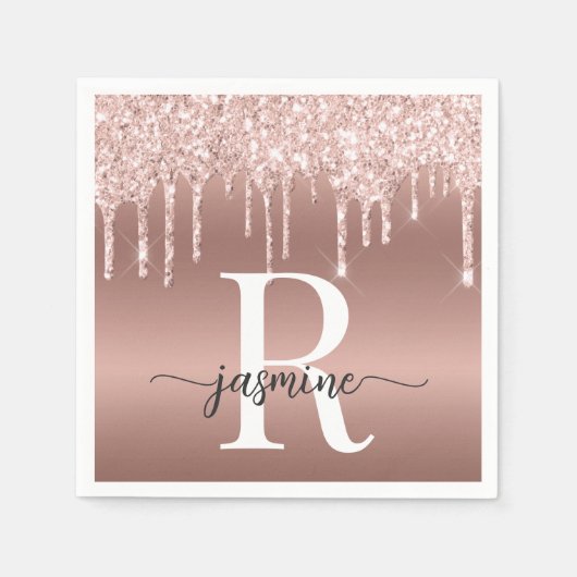 エレガント ローズゴールド グリッター ドリップス メタル モノグラム スタンダードカクテルナプキン (正面)