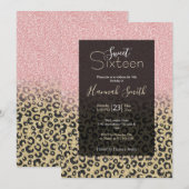 エレガント ローズゴールド グリッター ブラック レオパード プリント 招待状 (正面/裏面)
