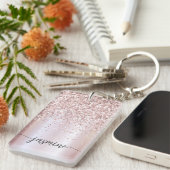 エレガント ローズゴールド グリッター モノグラム ネーム スクリプト キーホルダー (正面右)