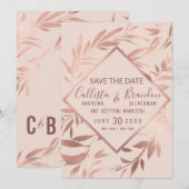 エレガント ローズゴールド ピンク フローラル リーフ セーブザデート (正面/裏面)