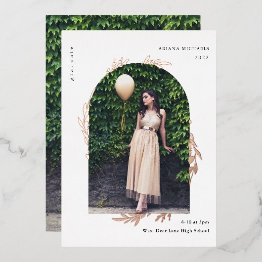 エレガント ローズゴールド フォト 卒業式 箔招待状 (正面/裏面)