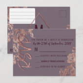 エレガント ローズゴールド フラワー パープル モーブ RSVP インビテーションポストカード (正面/裏面)