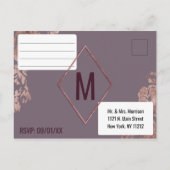 エレガント ローズゴールド フラワー パープル モーブ RSVP インビテーションポストカード (裏面)