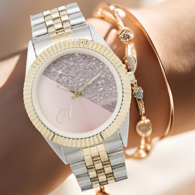 エレガント ローズゴールド モノグラム 腕時計 (Elegant rose gold monogram watch with glitter detail, personalized with your first initial.)