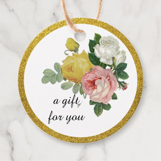 エレガント ローズ フラワール ゴールド グリッター フェイバータグ (正面)