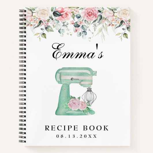 エレガント ワイルドフラワーズ ピンク ティール レシピブック ノートブック (正面)