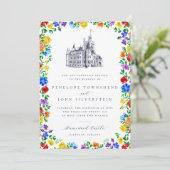 エレガント ヴィンテージ キャッスル レインボー フローラル ウェディング 招待状 (スタンド正面)