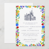 エレガント ヴィンテージ キャッスル レインボー フローラル ウェディング 招待状 (正面/裏面)