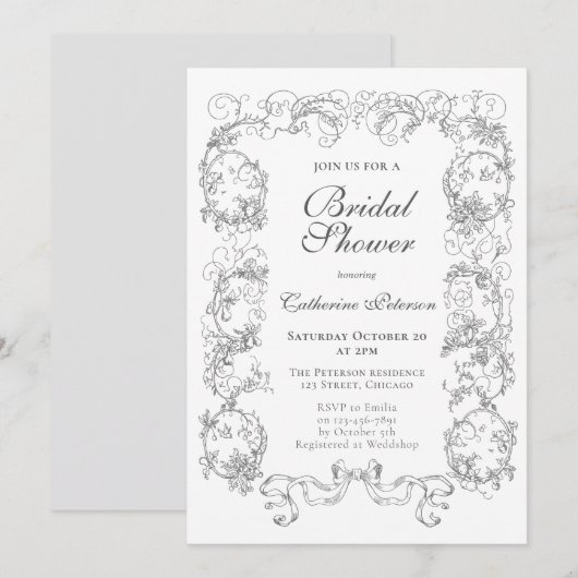 エレガント ヴィンテージ グレー ホワイト オーナメント ブライダル シャワー 招待状 (正面/裏面)