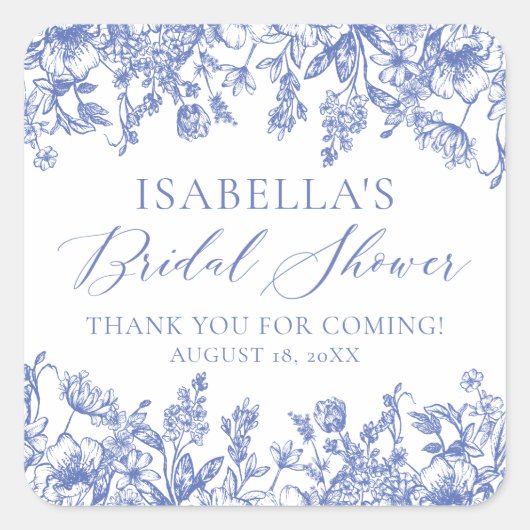 エレガント ヴィンテージ ダスティーブルー フラワーブライダルシャワー スクエアシール (正面)