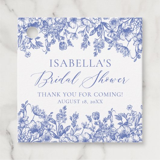 エレガント ヴィンテージ ダスティーブルー フラワーブライダルシャワー フェイバータグ (正面)