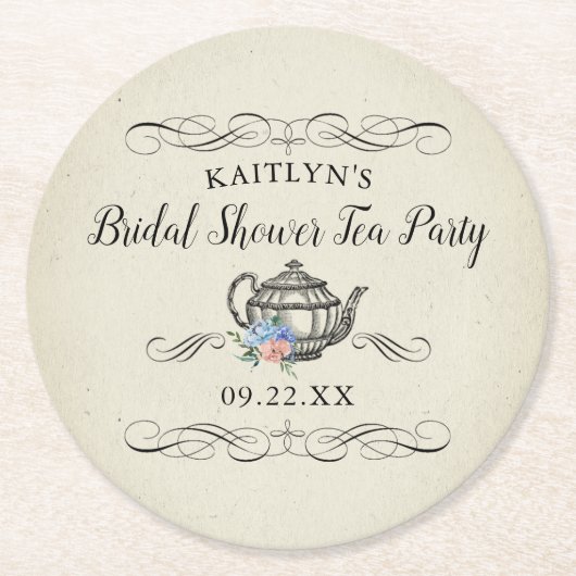 エレガント ヴィンテージ ティーパーティー | ブライダルシャワー ラウンドペーパーコースター (正面)