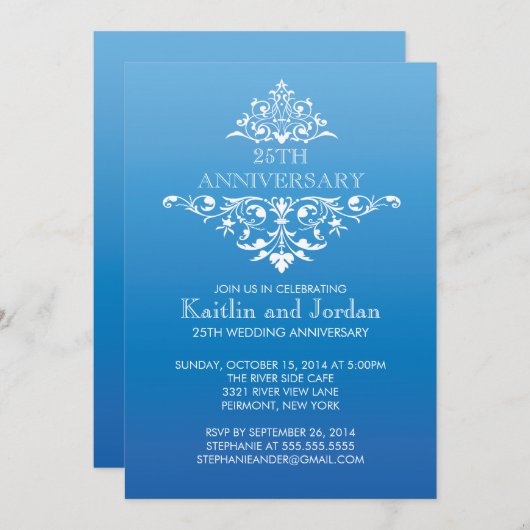エレガント ヴィンテージ ブルー フラワーリング アニバーサリー パーティー 招待状 (正面/裏面)