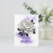 エレガント ヴィンテージ ホワイト 牡丹 パープル スプラッシュ バースデー ポストカード (スタンド正面)