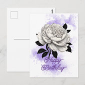 エレガント ヴィンテージ ホワイト 牡丹 パープル スプラッシュ バースデー ポストカード (正面/裏面)