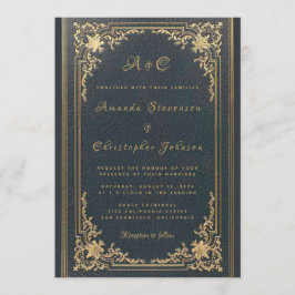 エレガント ヴィンテージ モノグラム ゴールド ネイビーブルー 結婚式 招待状