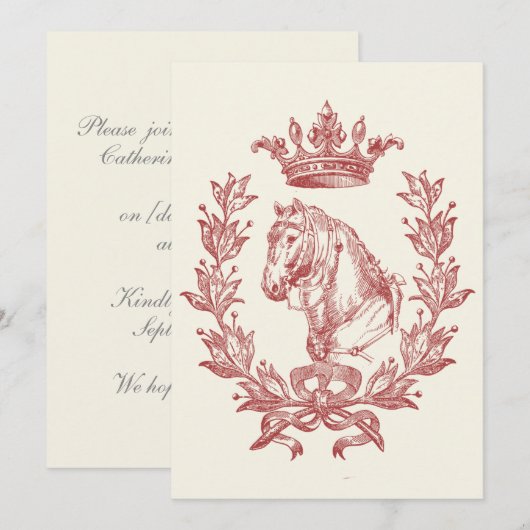 エレガント ヴィンテージ レッド ホース クラウン ローレル ボウ クレスト 招待状 (正面/裏面)