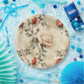 エレガント ヴィンテージ ローズ フラワー ベージュ フラワーデザイン ペーパープレート (パーティー)