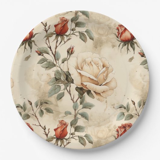 エレガント ヴィンテージ ローズ フラワー ベージュ フラワーデザイン ペーパープレート (正面)