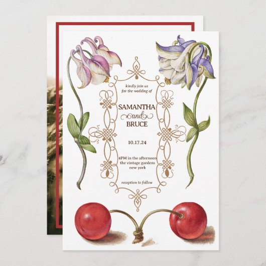 エレガント ヴィンテージ ワイルドフラワー | クラシック フォト ウェディング 招待状 (正面/裏面)