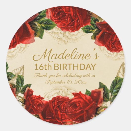 エレガント ヴィンテージ 赤薔薇 16歳の誕生日 ラウンドシール (正面)