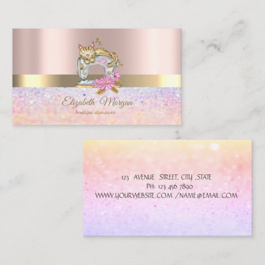 エレガント《写真》ぼけ味ストライプ金ゴールド、裁縫マシンキャット 名刺 (正面/裏面)