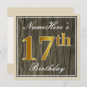 エレガント、擬似木、擬似金 17歳の誕生日 + 名前 招待状 (正面/裏面)