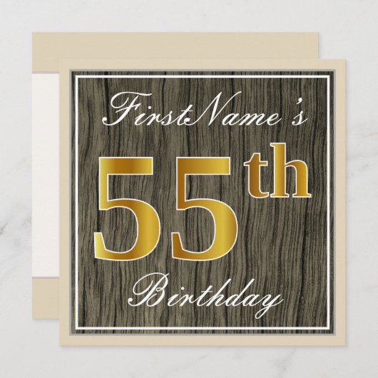 エレガント、擬似木、擬似金 55歳の誕生日 + 名前 招待状 (正面/裏面)