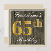 エレガント、擬似木、擬似金 65歳の誕生日 + 名前 招待状 (正面/裏面)