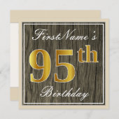 エレガント、擬木、擬金箔 95歳の誕生日 + 名前 招待状 (正面/裏面)