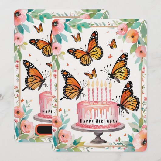 エレガント（昆虫）オオカバマダラ、モナーク&ケーキ誕生日カード (正面/裏面)