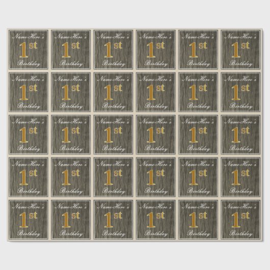 エレガント,木フェイク材,フェイク金ゴールド1st誕生日+名前 ラッピングペーパー (フラット)