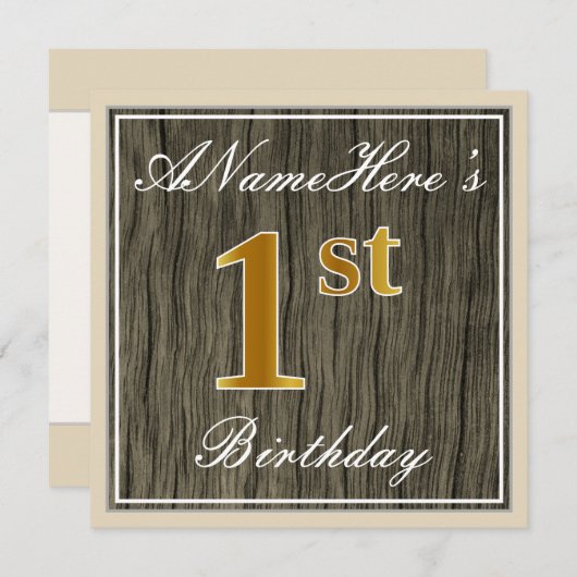 エレガント,木フェイク材,フェイク金ゴールド1st誕生日+名前 招待状 (正面/裏面)