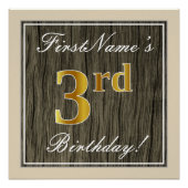 エレガント，木フェイク材，フェイク金ゴールド3歳の誕生日+名前 ポスター (正面)