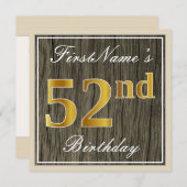 エレガント，木フェイク材， フェイク金ゴールド52番目の誕生日+名前 招待状 (正面/裏面)